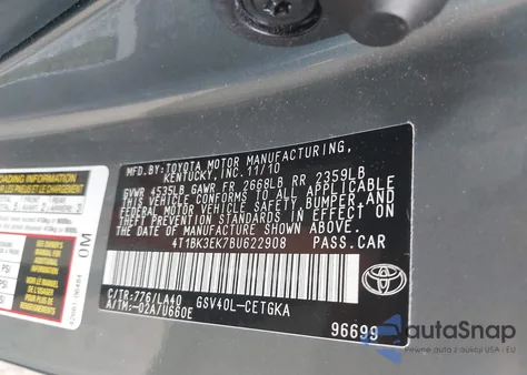 2011 Toyota Camry Xle V6 из США, поврежденный, VIN 4T1BK3EK7BU622908